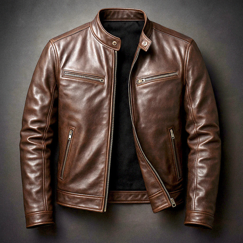 Mens PU Leather Motorcycle Jacket With A Stand-Up Collar