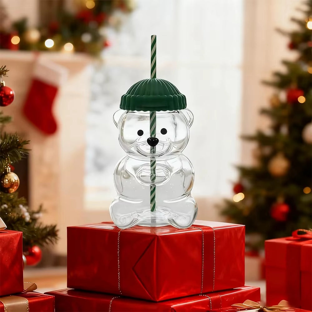 New for Starbucks Cute Animal Bear Straw Glass Transparent Glass for Men Women Birthday Christmas Gift Milk Tea Cup with Straw