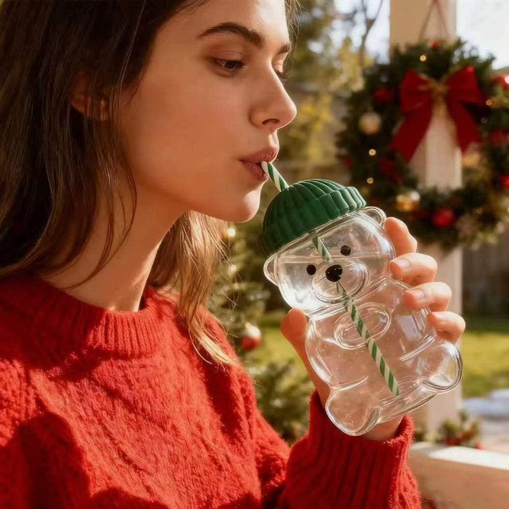 New for Starbucks Cute Animal Bear Straw Glass Transparent Glass for Men Women Birthday Christmas Gift Milk Tea Cup with Straw